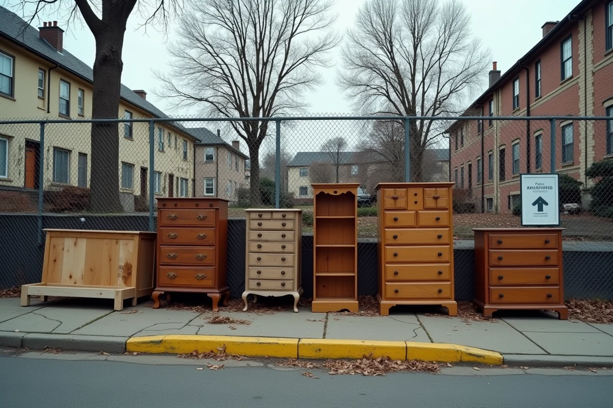 Point de collecte municipal avec des meubles lourds mis au rebut en encombrants