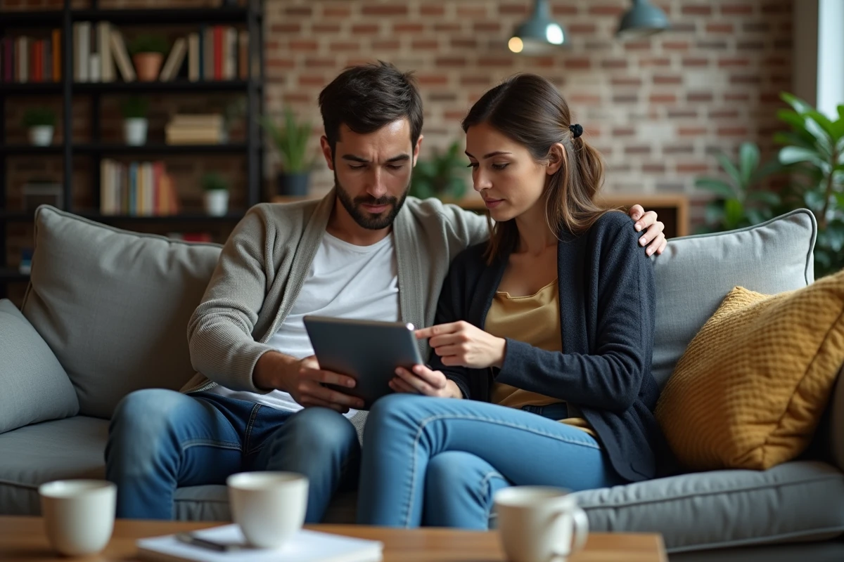 Deux colocataires potentiels consultent ensemble des annonces de logement partagé sur une tablette dans un salon