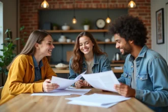Trois colocataires en coliving examinent ensemble un contrat de bail autour d'une table en bois dans un espace commun moderne