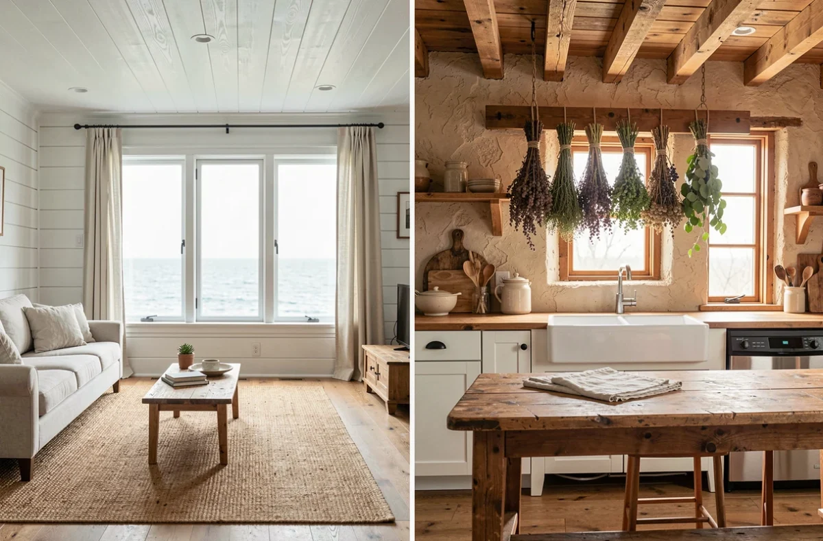 Comparaison intérieure entre un salon de maison en bord de mer et une cuisine de maison de campagne traditionnelle