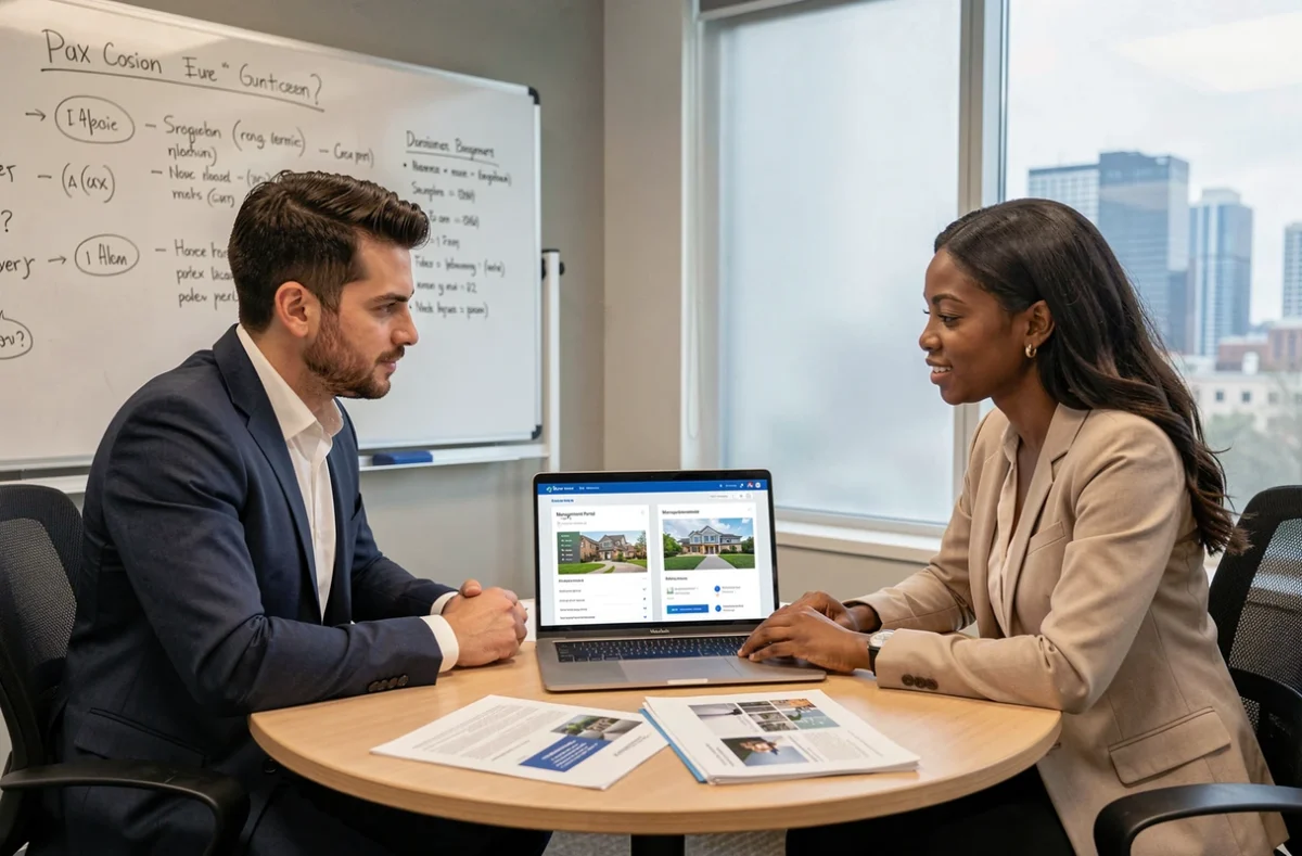 Deux copropriétaires comparant les interfaces Orchestrav2 et extranet classique sur un ordinateur portable en réunion