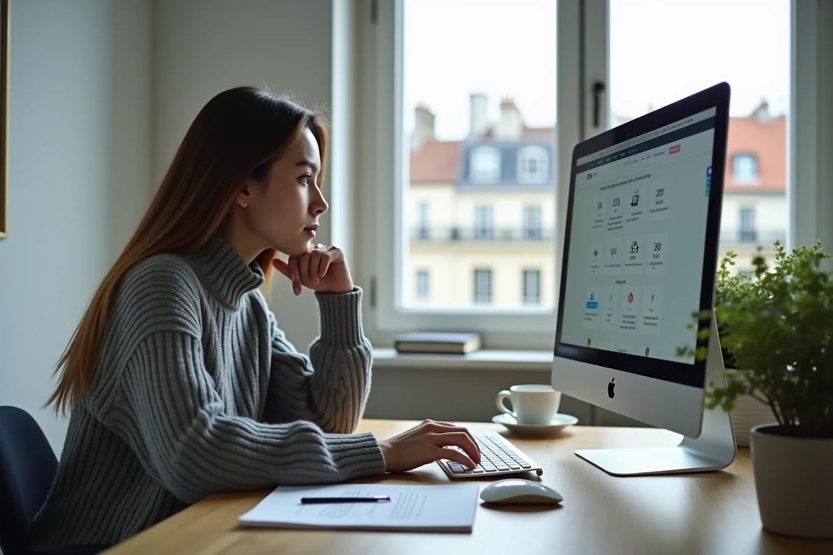 Jeune femme comparant les taux d'emprunt immobilier en ligne depuis chez elle