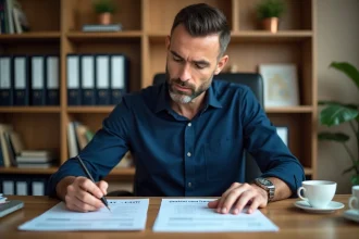 Comptable analysant des documents de déficit foncier à son bureau avec des notes manuscrites