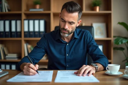 Comptable analysant des documents de déficit foncier à son bureau avec des notes manuscrites