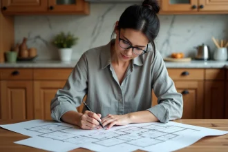Femme comptant les pièces d'une maison sur un plan pour son assurance habitation