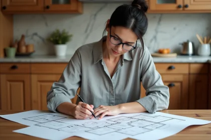 Femme comptant les pièces d'une maison sur un plan pour son assurance habitation