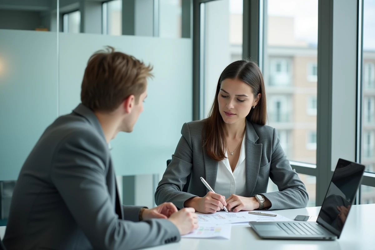 Femme consultant un conseiller fiscal avec un avis d'impôt pour un investissement locatif Pinel