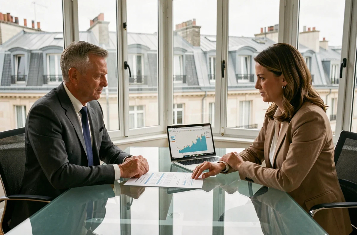Conseiller fiscal et cliente analysant les avantages fiscaux d'un investissement en loi Malraux autour de documents et d'un ordinateur dans un bureau moderne à Paris