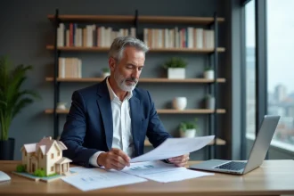 Conseiller financier analysant des documents d'investissement immobilier en EHPAD dans un bureau professionnel