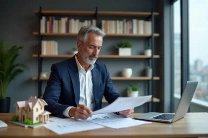 Conseiller financier analysant des documents d'investissement immobilier en EHPAD dans un bureau professionnel