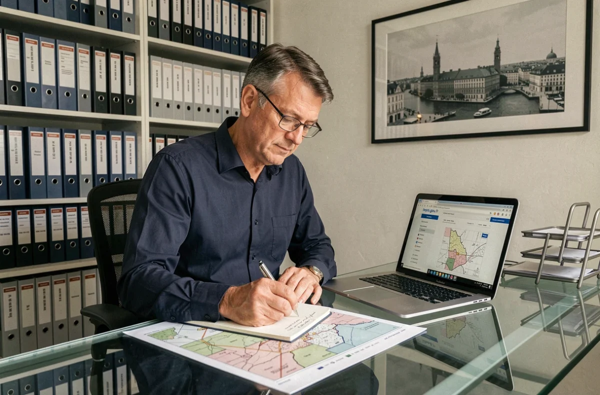 Conseiller fiscal analysant une carte cadastrale et la base Patrim pour évaluer un bien immobilier