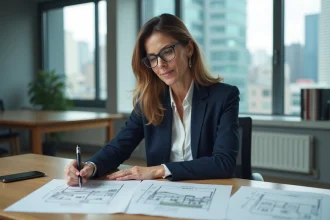 Conseillère en gestion de patrimoine immobilier analysant des documents et plans dans un bureau professionnel moderne