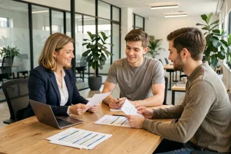 Conseillère immobilière IMMO PRIMA présentant les meilleures offres de prêt immobilier à un couple dans une agence moderne