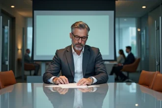 Consultant en façade assis dans une salle de réunion corporative moderne, examinant des documents officiels