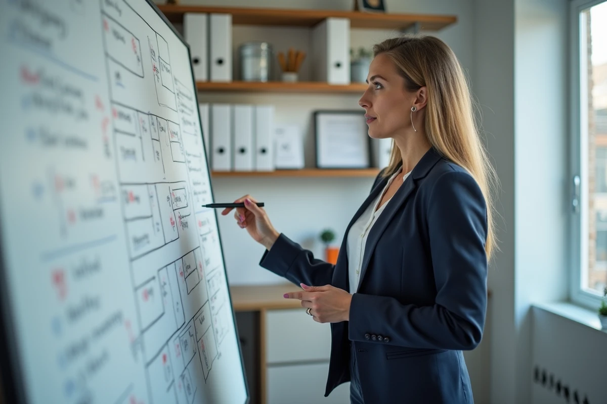 Consultante en façade présentant un organigramme stratégique sur un tableau blanc dans un bureau épuré