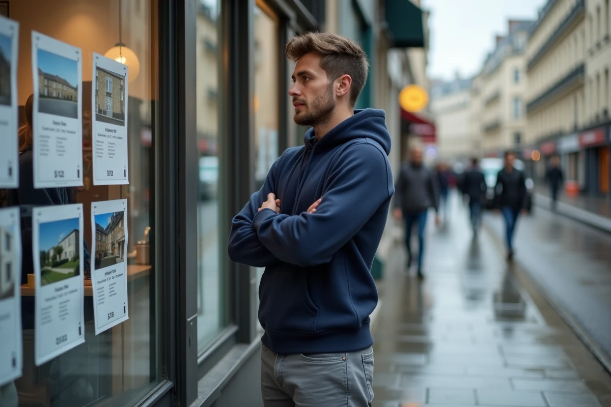 Homme consultant les annonces immobilières en vitrine pour trouver un loyer adapté à son salaire