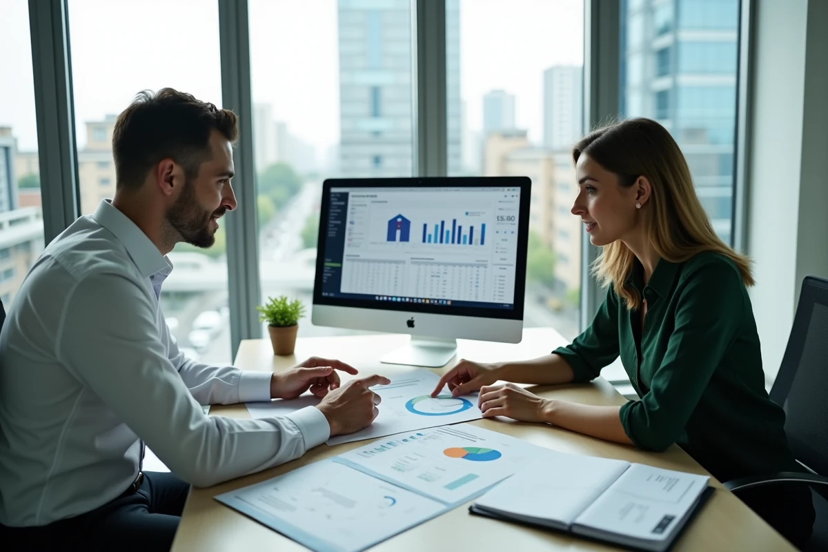 Deux professionnels de l'immobilier étudiant un rapport de rendement locatif dans une agence moderne