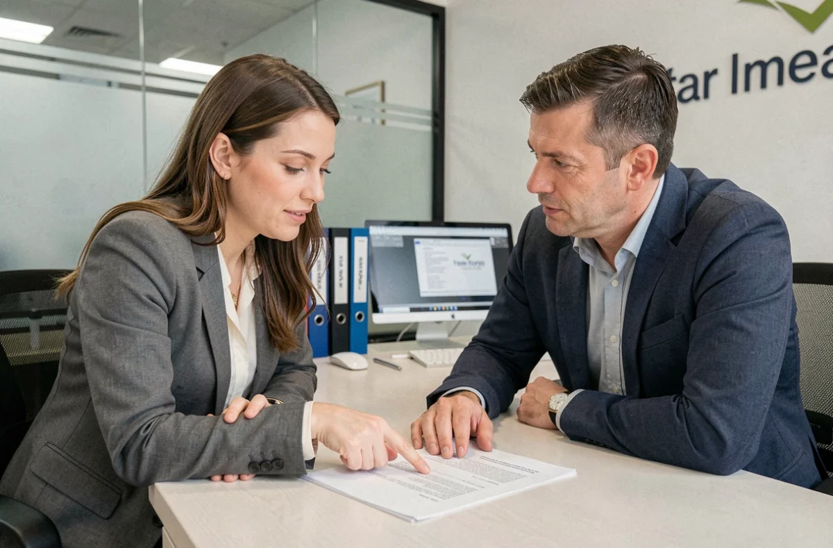 Couple en rendez-vous agence immobilière pour finaliser le dossier de caution avant signature du bail