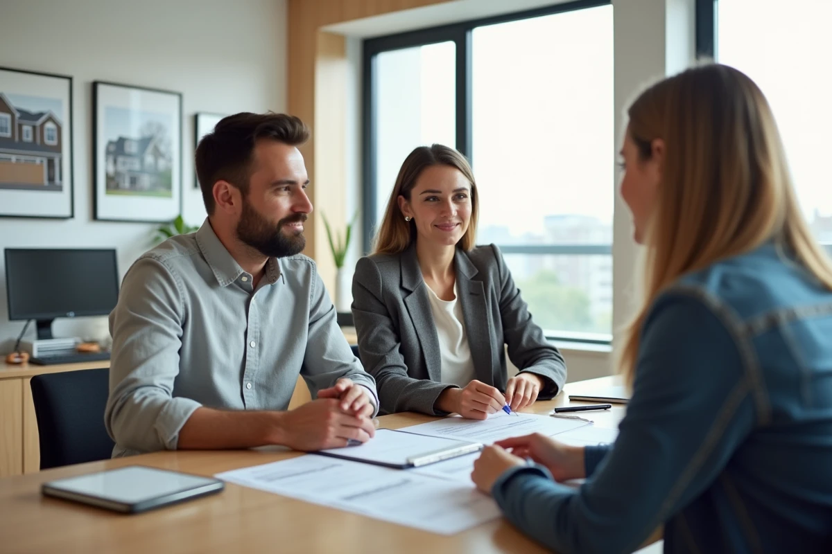 Couple rencontrant un agent immobilier pour signer des documents de vente dans une agence moderne