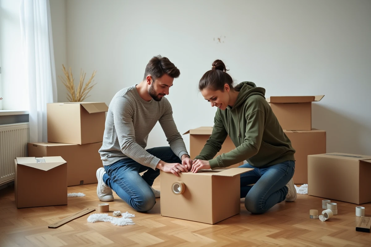 Couple assemblant des cartons de déménagement dans un appartement en cours de vidage
