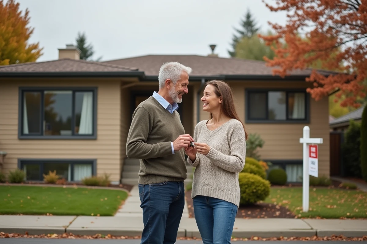 Un couple tient des clés devant une maison dans le cadre d'une location-vente immobilière