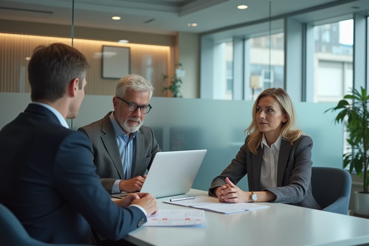 Couple en rendez-vous avec un conseiller bancaire pour négocier et éviter les frais intercalaires d'un crédit immobilier