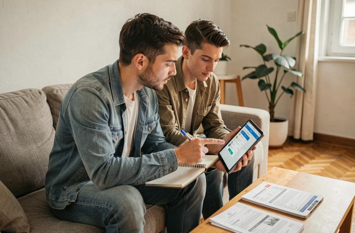 Couple consultant le portail de demande de logement social en ligne sur une tablette dans leur appartement