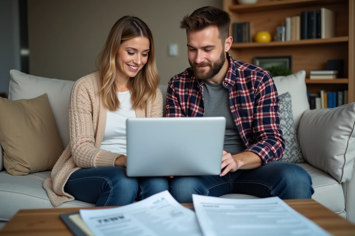 Couple calculant le nombre de pièces de leur maison pour remplir un formulaire d'assurance habitation