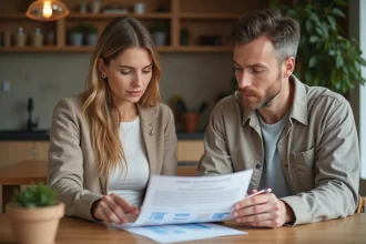 Couple étudiant un dossier de prêt immobilier à la maison en 2026