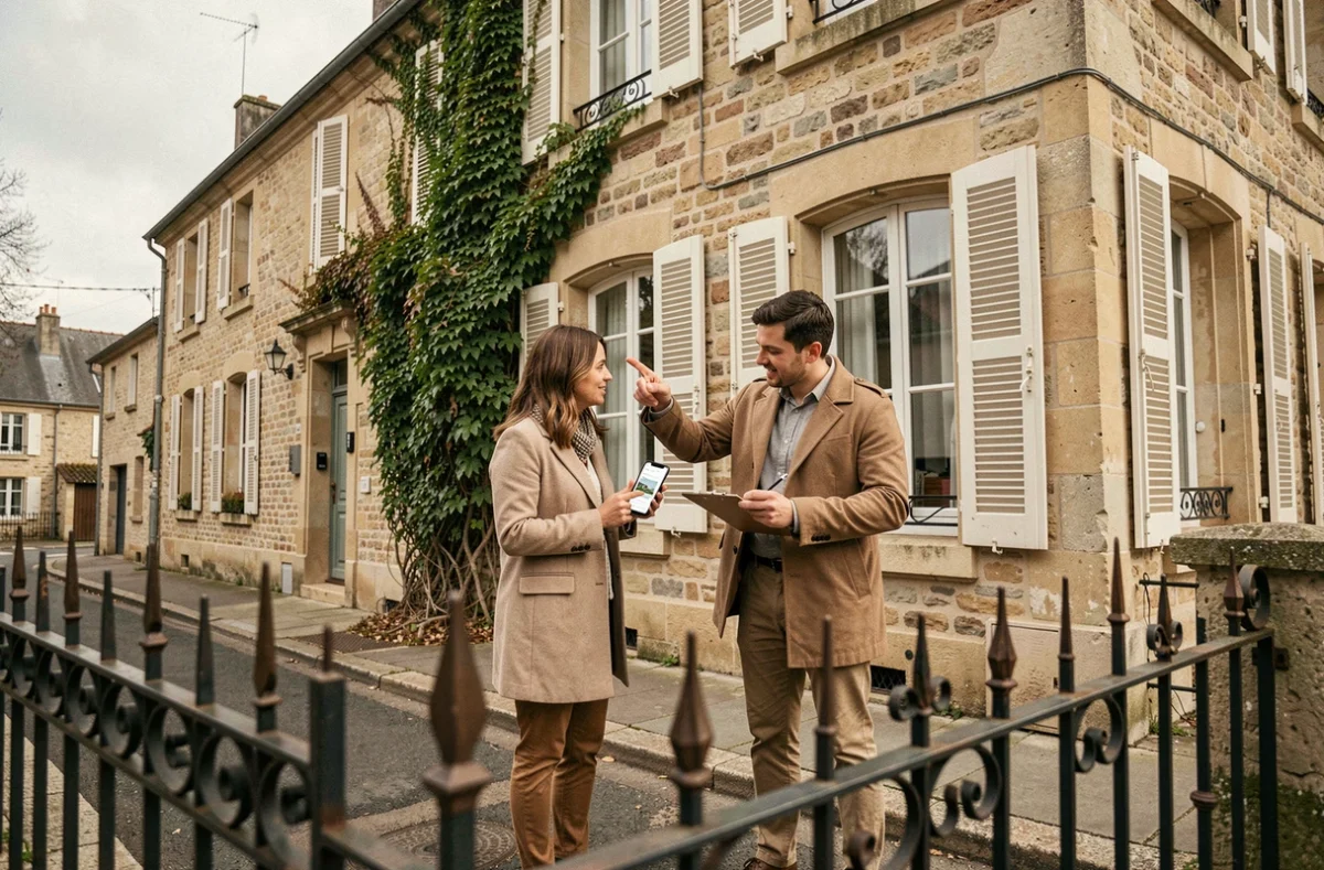 Couple évaluant la valeur d'une maison en consultant Patrim impots sur smartphone devant un bien immobilier