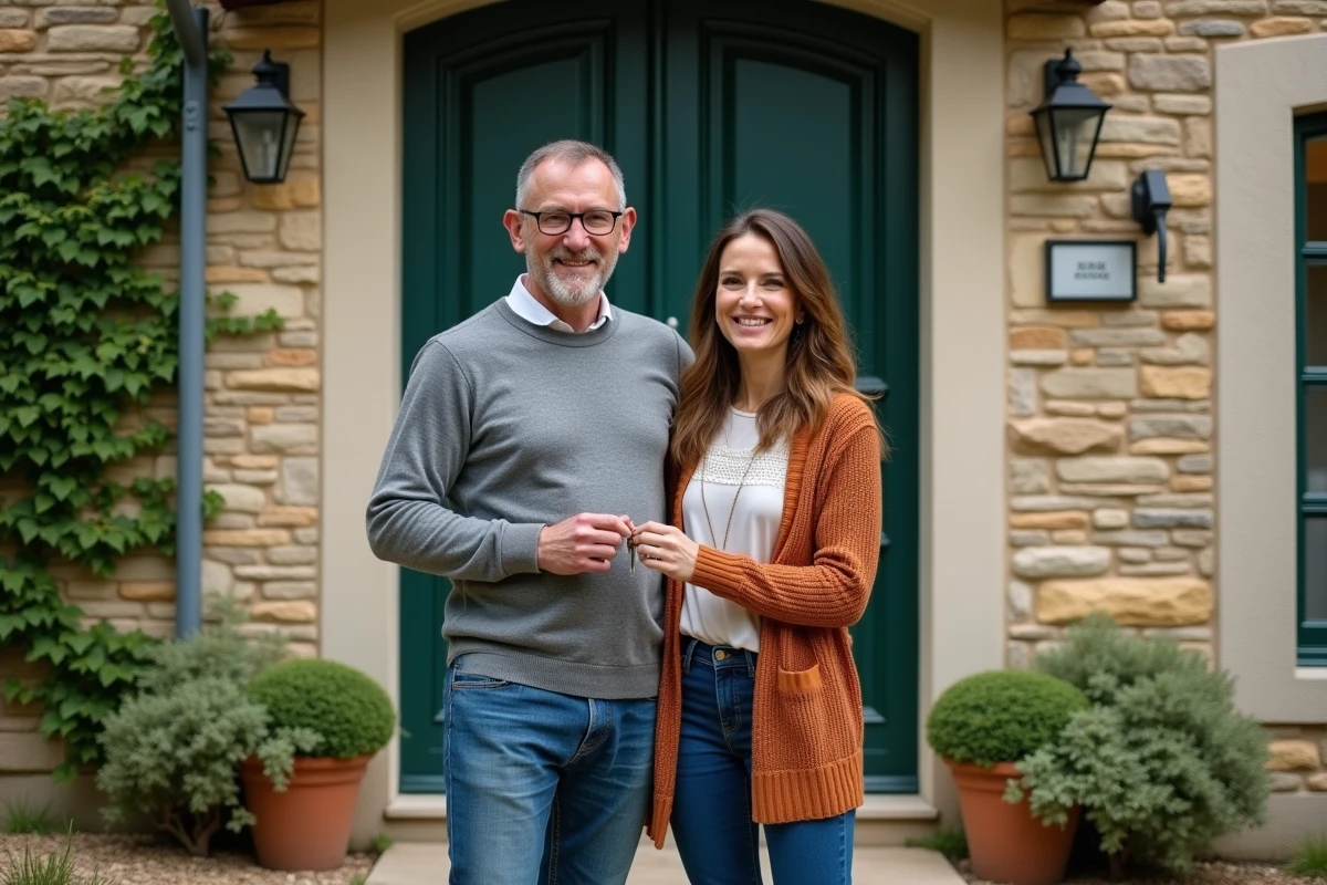 Couple de copropriétaires tenant les clés de leur maison acquise en indivision devant une façade en pierre traditionnelle