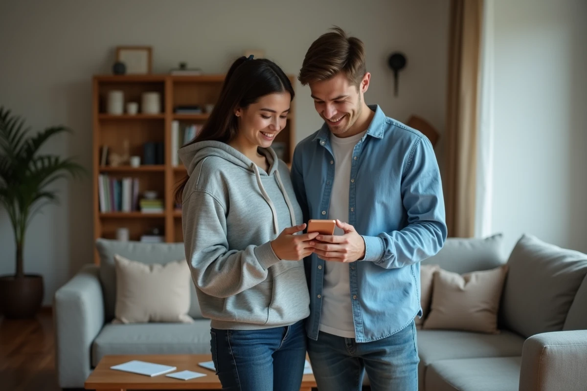 Couple de locataires consultant leur éligibilité à l'APL sur smartphone dans leur appartement modeste avec loyer de 500 euros