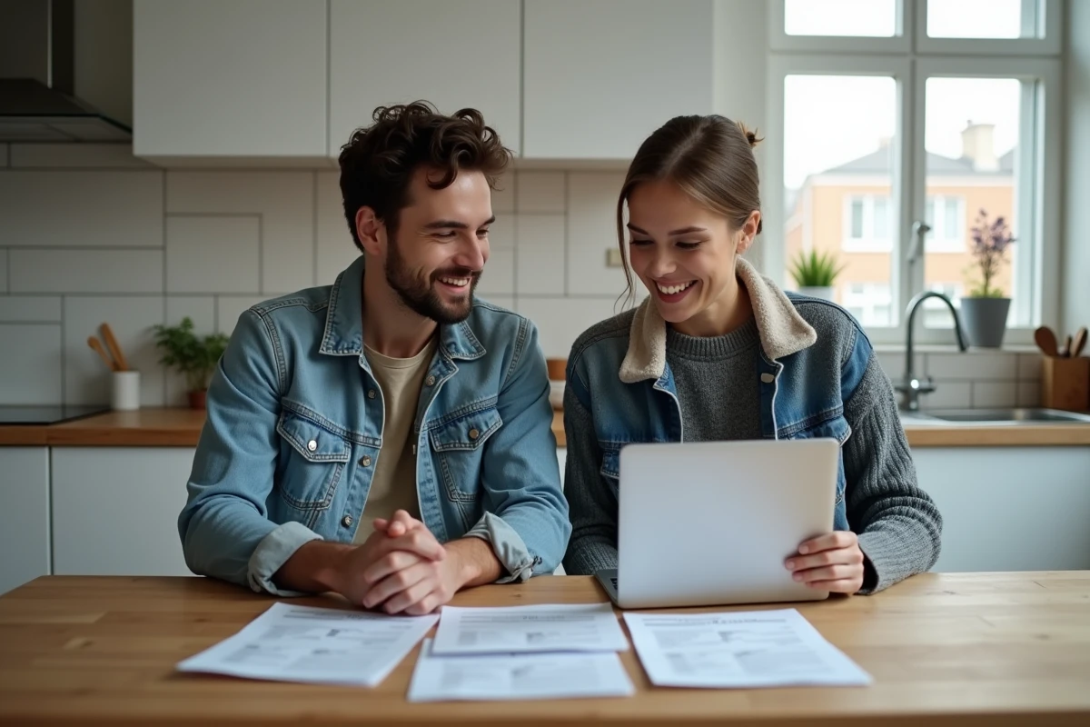 Jeune couple de locataires préparant leur dossier en ligne pour les conditions d'une assurance loyers impayés