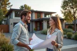 Couple debout devant une maison moderne dans un quartier résidentiel calme, évaluant l'emplacement idéal pour leur futur logement