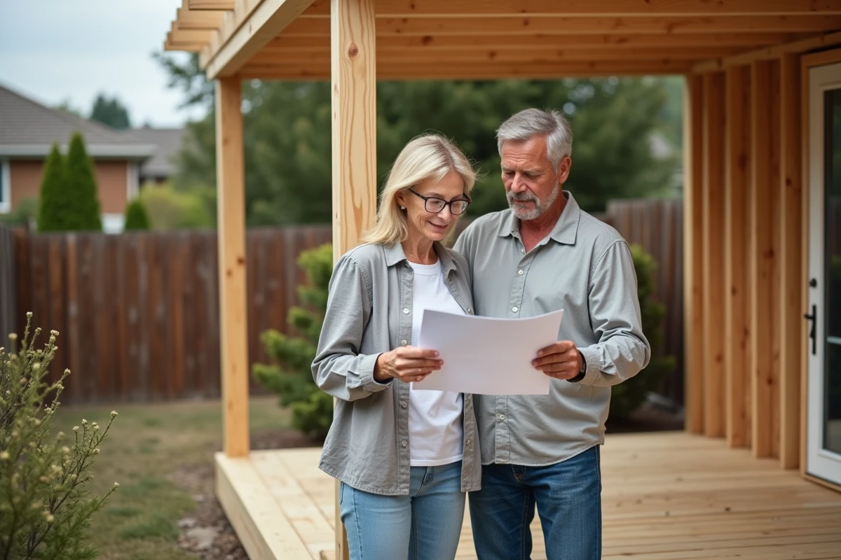 Couple consultant les documents de permis de construire pour une terrasse en bois dans un jardin résidentiel