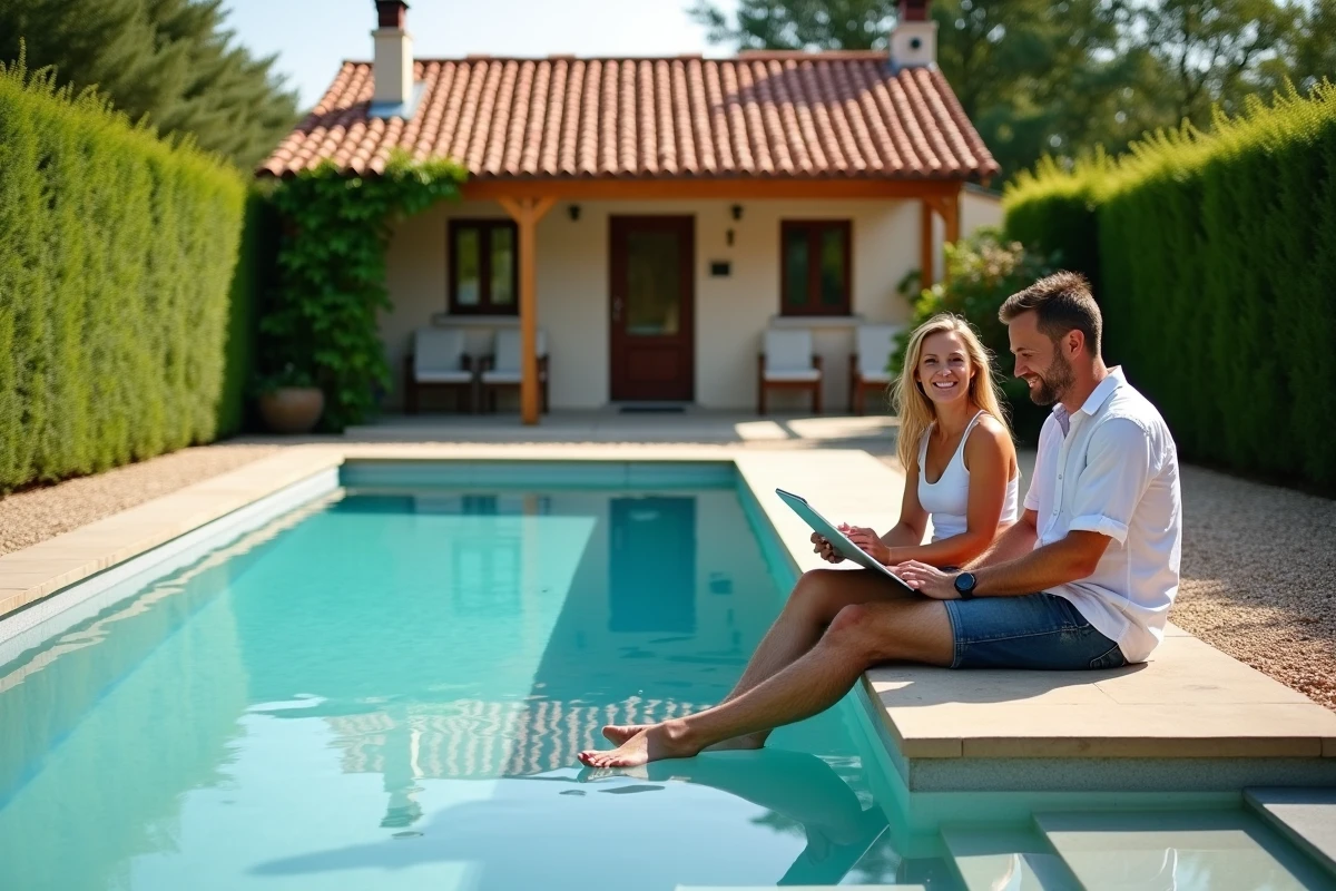 Couple consultant les règles d'urbanisme sur tablette au bord d'une petite piscine de jardin sans permis de construire
