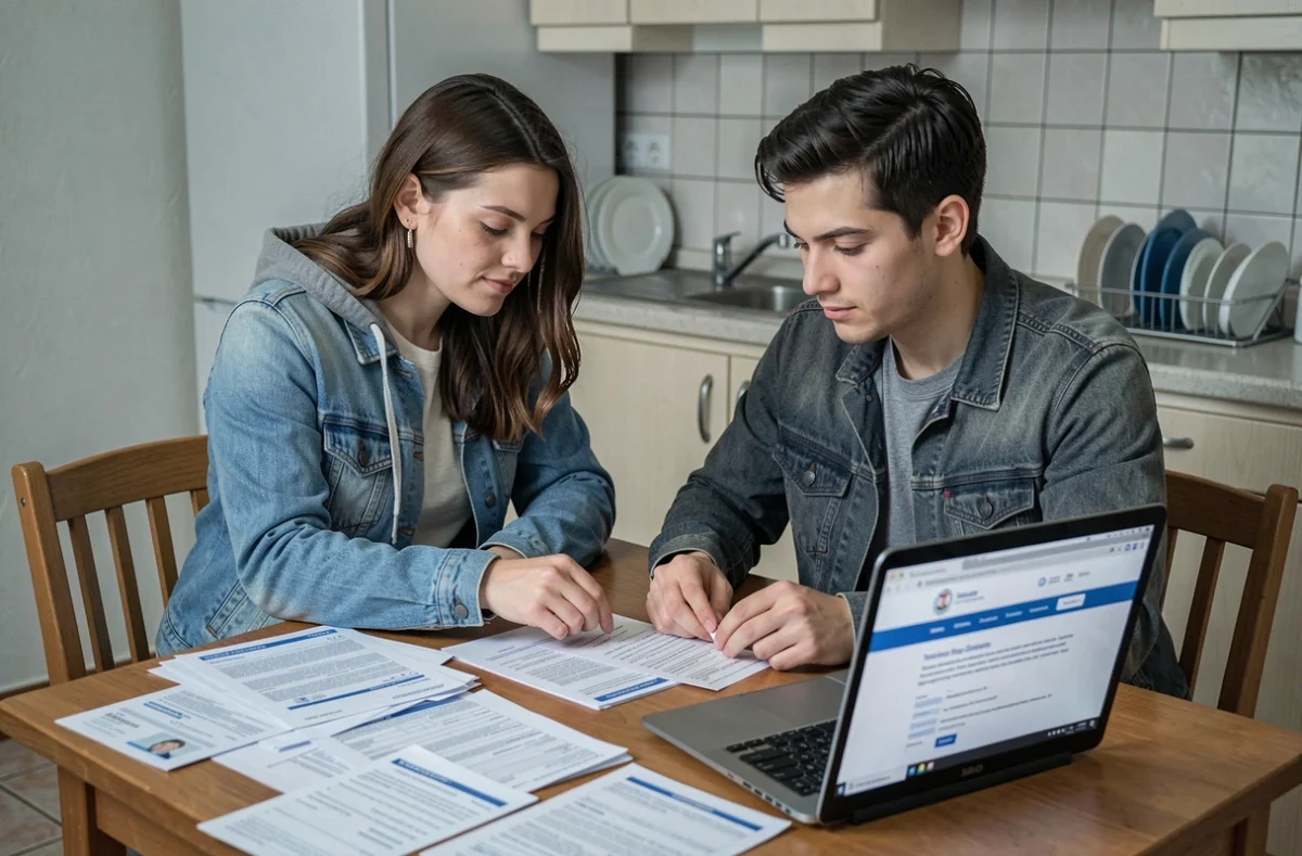 Jeune couple préparant ensemble leur dossier de demande de logement social SYPLO autour d'une table de cuisine