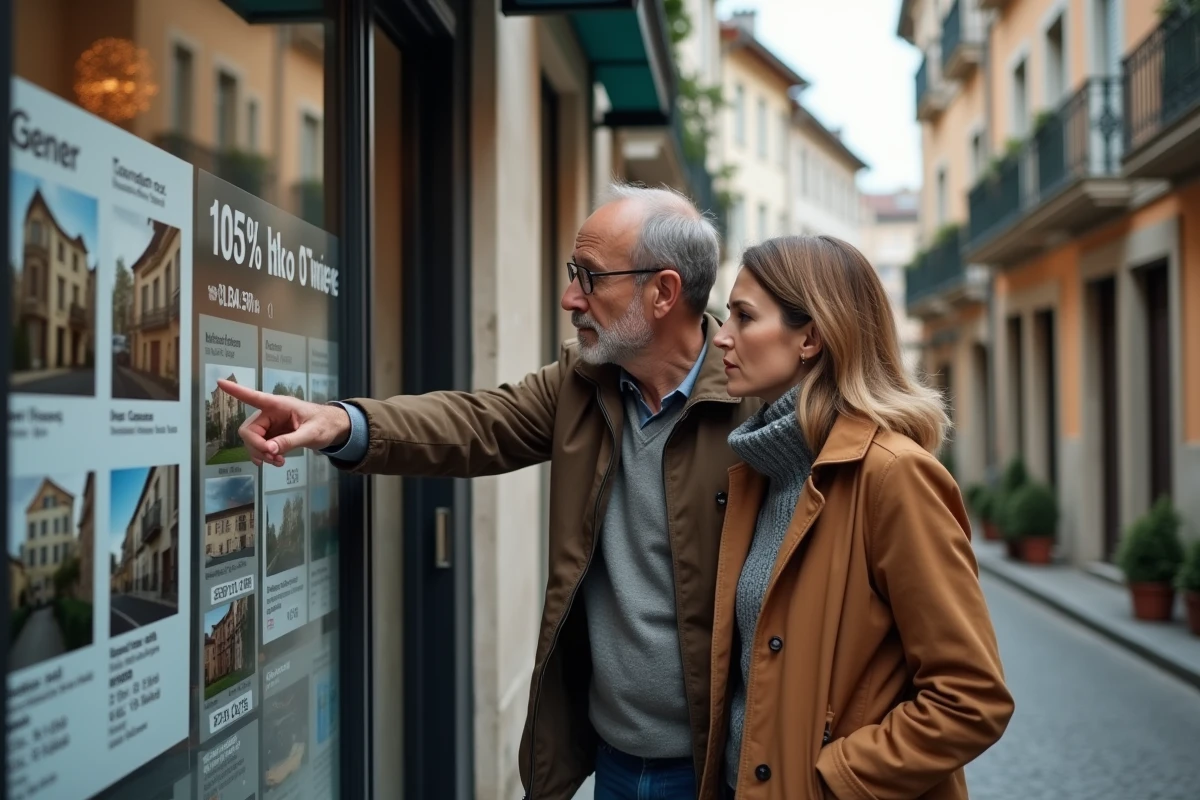 Couple regardant les prix immobiliers affichés en vitrine d'une agence dans le quartier de la Croix-Rousse à Lyon