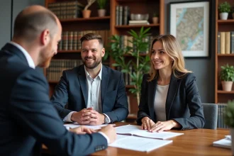 Couple signant une promesse d'achat immobilier chez un notaire