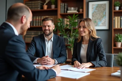 Couple signant une promesse d'achat immobilier chez un notaire