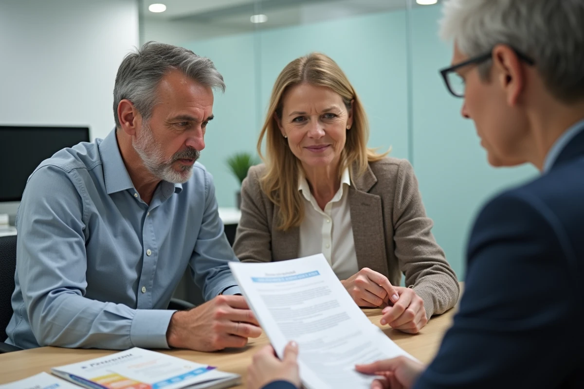 Couple de propriétaires non occupants en rendez-vous avec un conseiller en assurance pour souscrire une assurance PNO