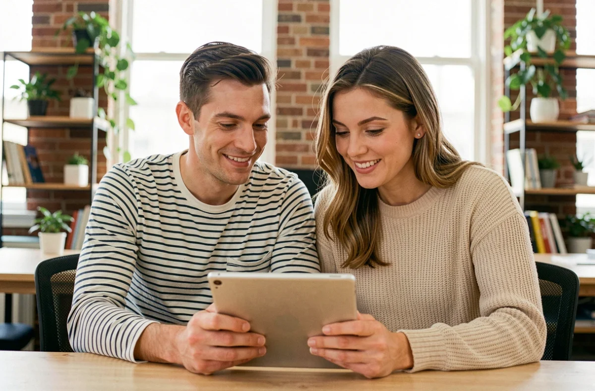 Couple cherchant une location sur une plateforme numérique dans un espace de coworking, explorant des alternatives pour louer sans justificatif de salaire