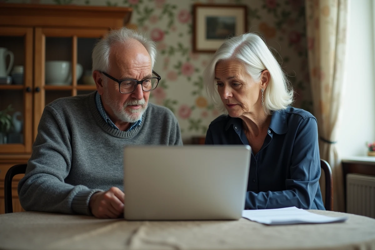 Couple de seniors consultant le site de l'ANAH pour vérifier leur éligibilité aux aides à la rénovation