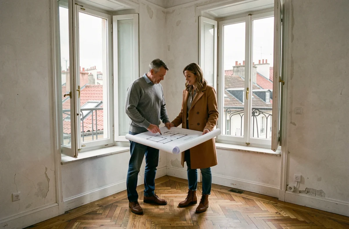 Couple visitant un appartement vide à Lyon avec parquet en point de Hongrie et vue sur les toits