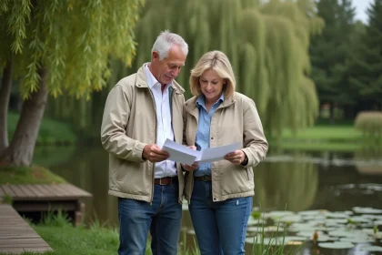Couple examinant des documents immobiliers au bord d'un étang privé à vendre entre particuliers