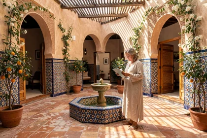 Femme consultant des plans dans la cour intérieure d'un riad traditionnel à Marrakech, avec fontaine en zellige et arches en bois de cèdre sculptées