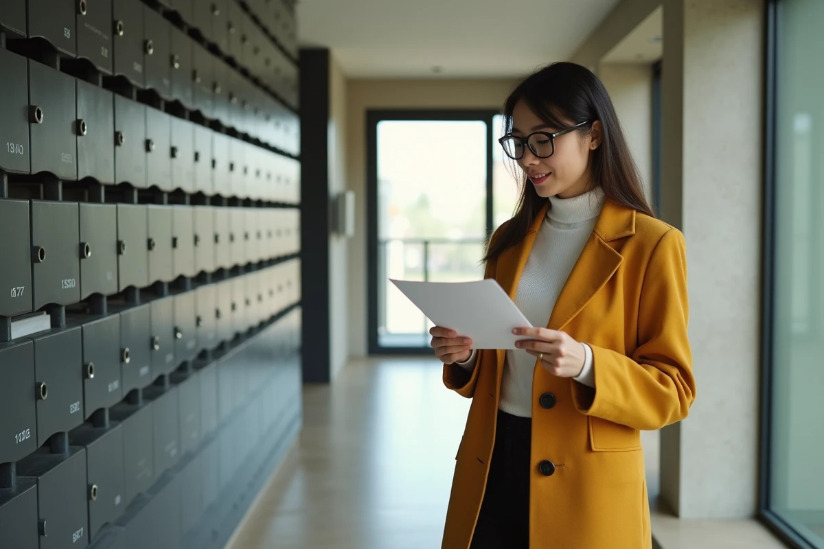Jeune femme lisant un courrier administratif devant les boîtes aux lettres d'un immeuble