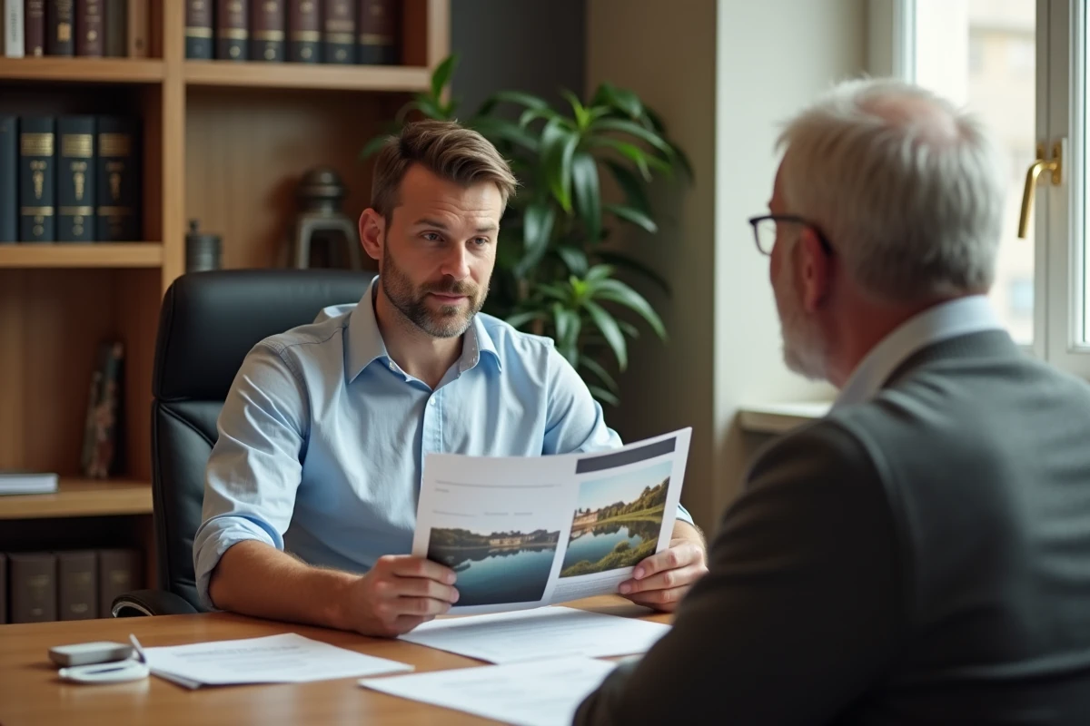 Conseiller bancaire et acheteur discutant d'un crédit immobilier pour financer l'achat d'un étang