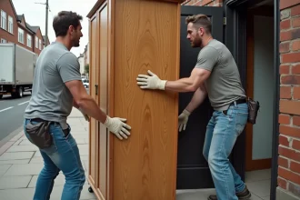 Deux hommes adultes portant une grande armoire en bois hors d'un appartement pour s'en débarrasser