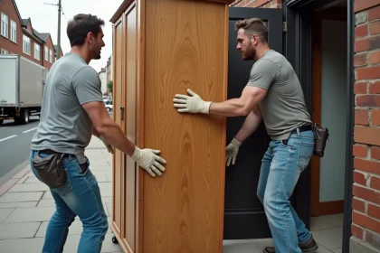 Deux hommes adultes portant une grande armoire en bois hors d'un appartement pour s'en débarrasser